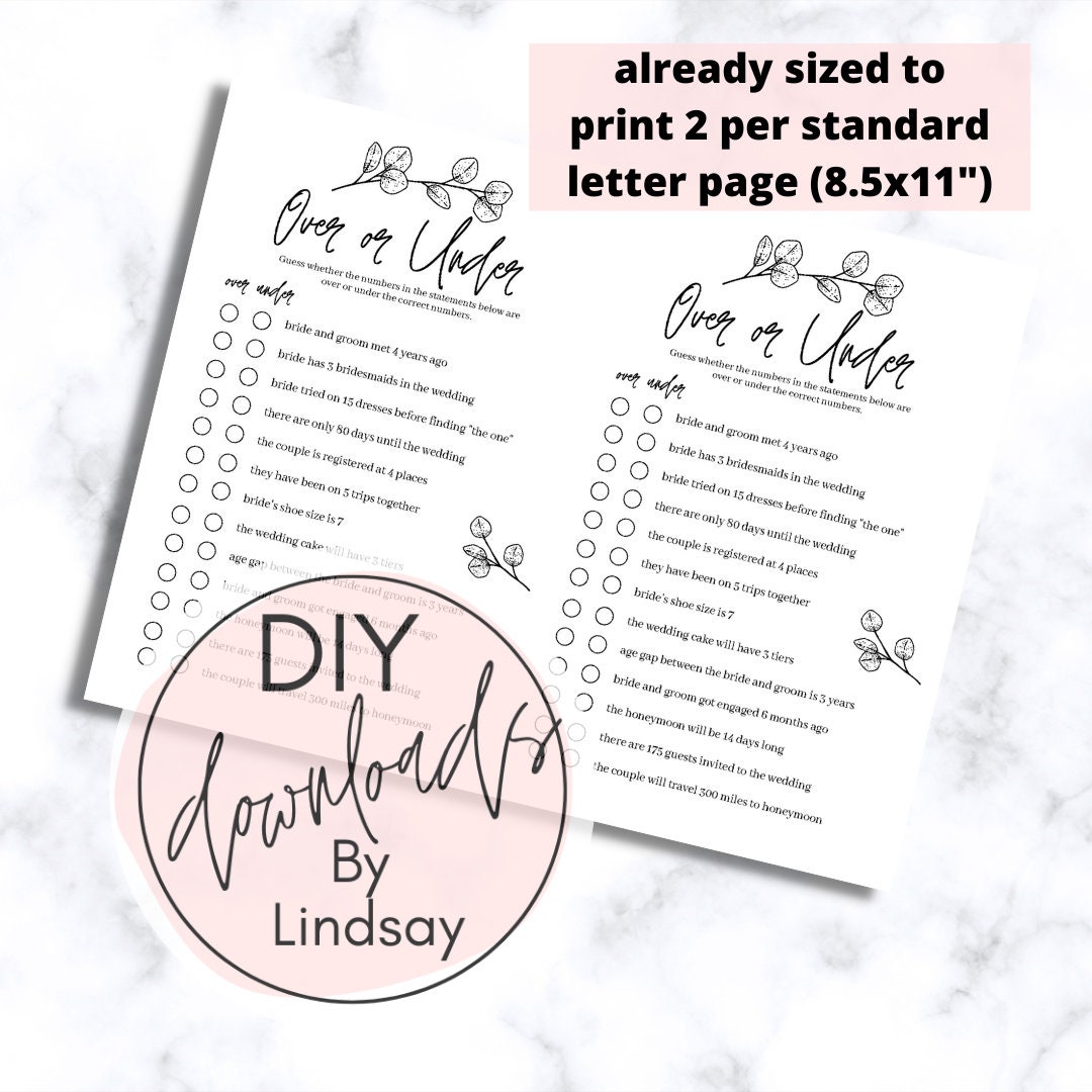 Printable Over or Under Bridal Shower Game INSTANT DOWNLOAD - Etsy
