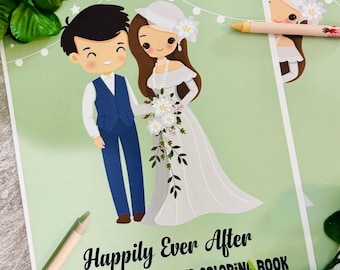 Peut inclure: Un livre de coloriage vert et blanc avec un dessin animé de mariée et de marié. Le livre porte le titre "Happily Ever After" et le texte "A Wedding Activity and Coloring Book".