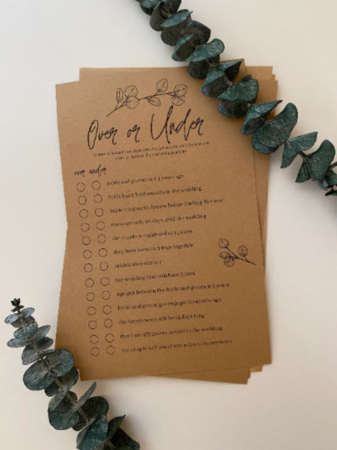 Printable Over or Under Bridal Shower Game INSTANT DOWNLOAD - Etsy