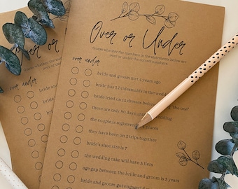 Over or Under Bridal Shower Game - Printable  **INSTANT DOWNLOAD**
