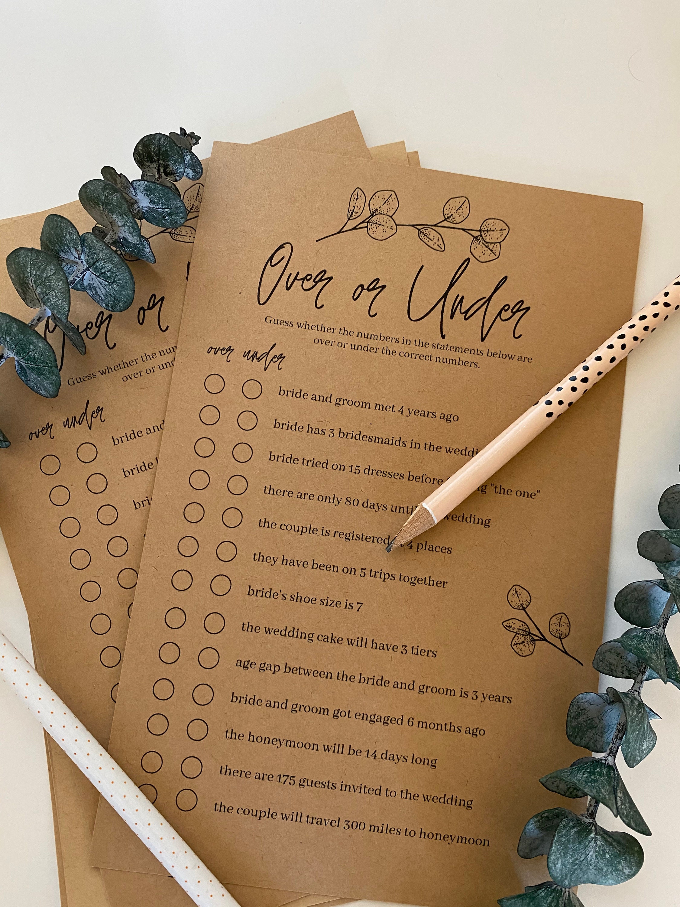 Printable Over or Under Bridal Shower Game INSTANT DOWNLOAD - Etsy