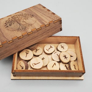 Wooden Younger Futhark Runes and Pocket-Sized Box