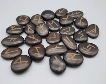 Elder Futhark Runes - Etched Black River Rock