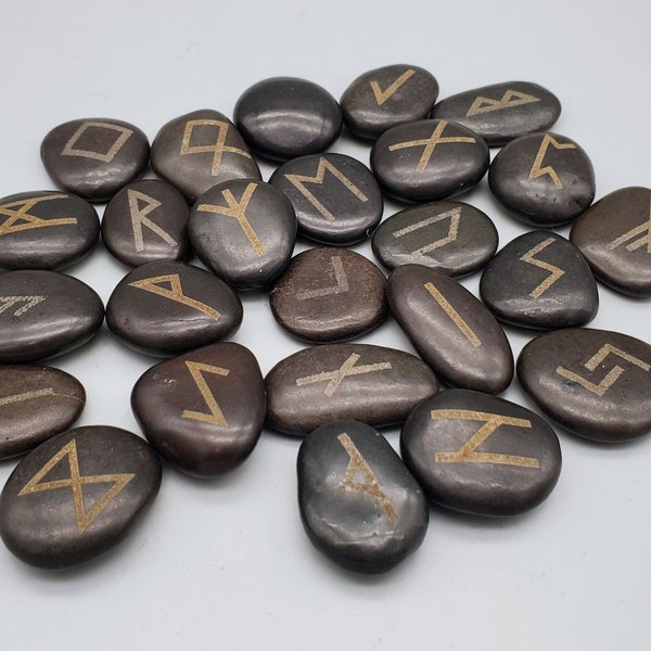 Elder Futhark Runes - Etched Black River Rock