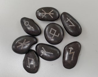 Elder Futhark Runes - Etched Black River Rock