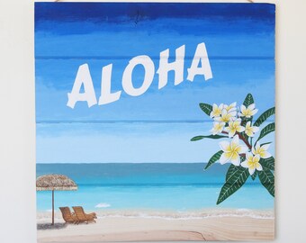 Original Hand-Painted Aloha Wall Art of Tropical Beach Scene with Plumeria (Frangipani), Beach Chairs and Palm Frond Umbrella