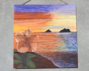 Original Hand-Painted Wall Art with hibiscus, sandy beach, ocean, islands and a tropical sunset