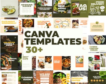 May include: A collage of 30+ Canva templates for food businesses. The templates feature various designs with text overlays, including "New Menu Item", "Tag Us!", "Food Delivery", "Date Night Wednesday", "Unlimited Drinks & Pizza", "Best Cafe", "That", "Deliciouis!", "We Are Hiring", "Coming Soon", "Special Offer", "Vegan Menu", and "Our Food Today?" The templates are in a variety of colors, including green, orange, yellow, and white.