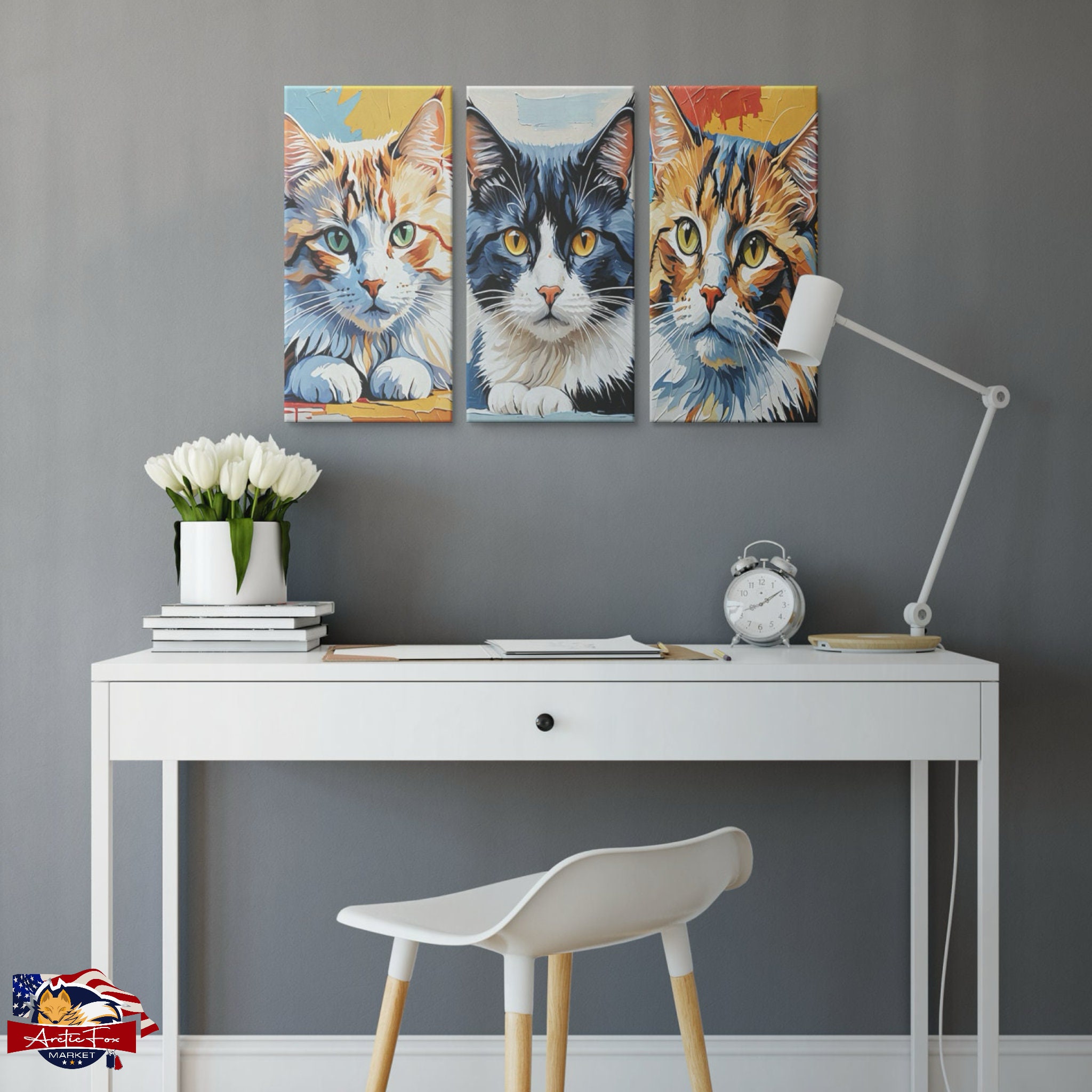 3 Piece Cat Face Canvas Wall Art Set Semiabstract Cat Decor 3 Sizes ...