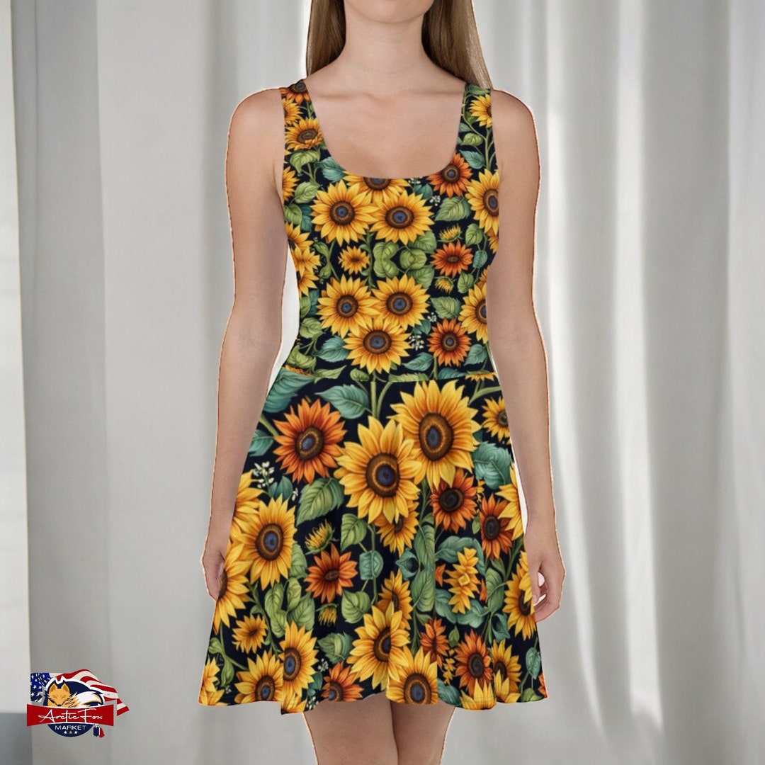 Sunflower Skater Dress Sleeveless Flare Dress Vibrant Floral