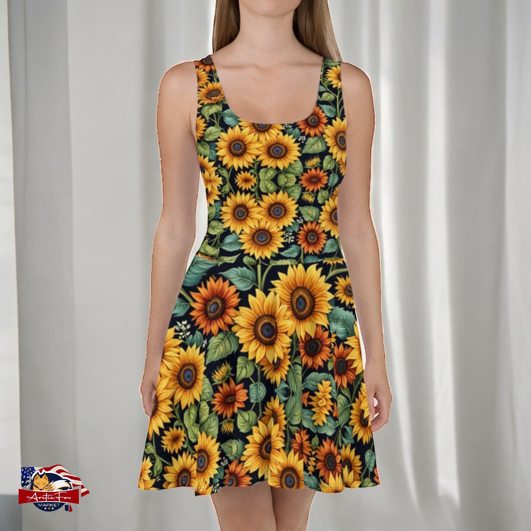 Sunflower Skater Dress Sleeveless Flare Dress Vibrant Floral
