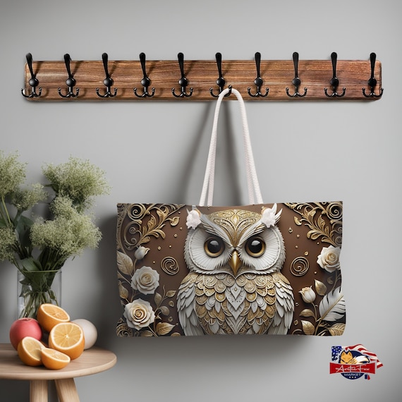 Oversized Weekender Tote with Owl Design  Durable Spun Polyester Travel Bag Cream Rope Handles 3D Owl with Gold 24x13 Made in USA