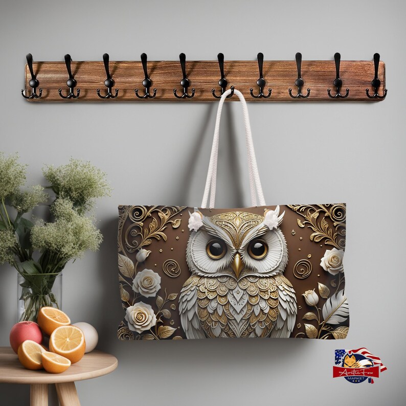 Oversized Weekender Tote featuring a detailed owl design on a chocolate background, perfect for travelers looking for style and durability. Travel bag with cream rope handles, offering a blend of luxury and practicality for weekend trips or daily use