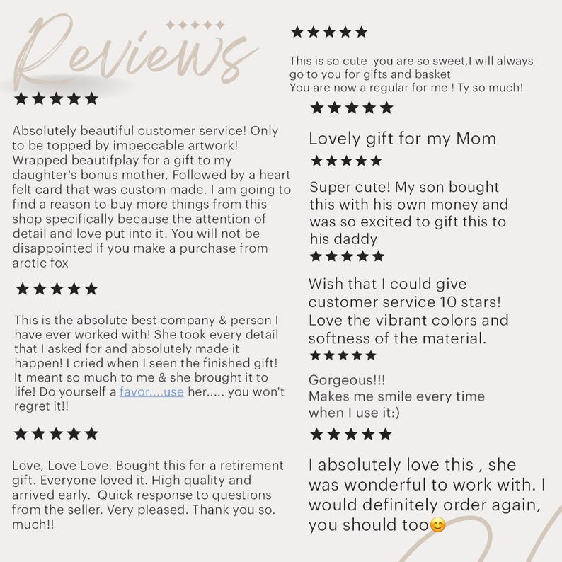 May include: A collection of customer reviews for a handmade product. The reviews are positive and highlight the quality, customer service, and overall satisfaction with the product.