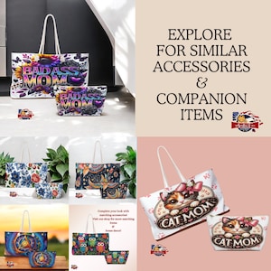 May include: Two tote bags and two matching cosmetic bags. The tote bags feature a variety of designs, including a floral pattern, a moon and stars pattern, a cat mom design, and an owl design. The cosmetic bags are smaller versions of the tote bags and feature the same designs. The text "Explore for similar accessories & companion items" is displayed on the image.
