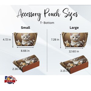 Elegant cosmetic bag with gold highlights and cream floral design, ideal for storing beauty products or travel necessities in style.
Versatile polyester pouch with non-woven laminate, featuring a unique and adorable white kitten