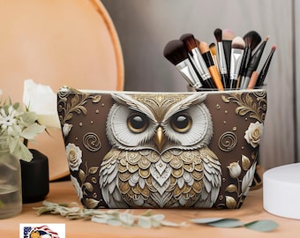 Owl Art Design Cosmetic Travel Bag Polyester Tbottom Pouch  Durable Zipper Small & Large Sizes Everyday Makeup Case Roses Made in USA