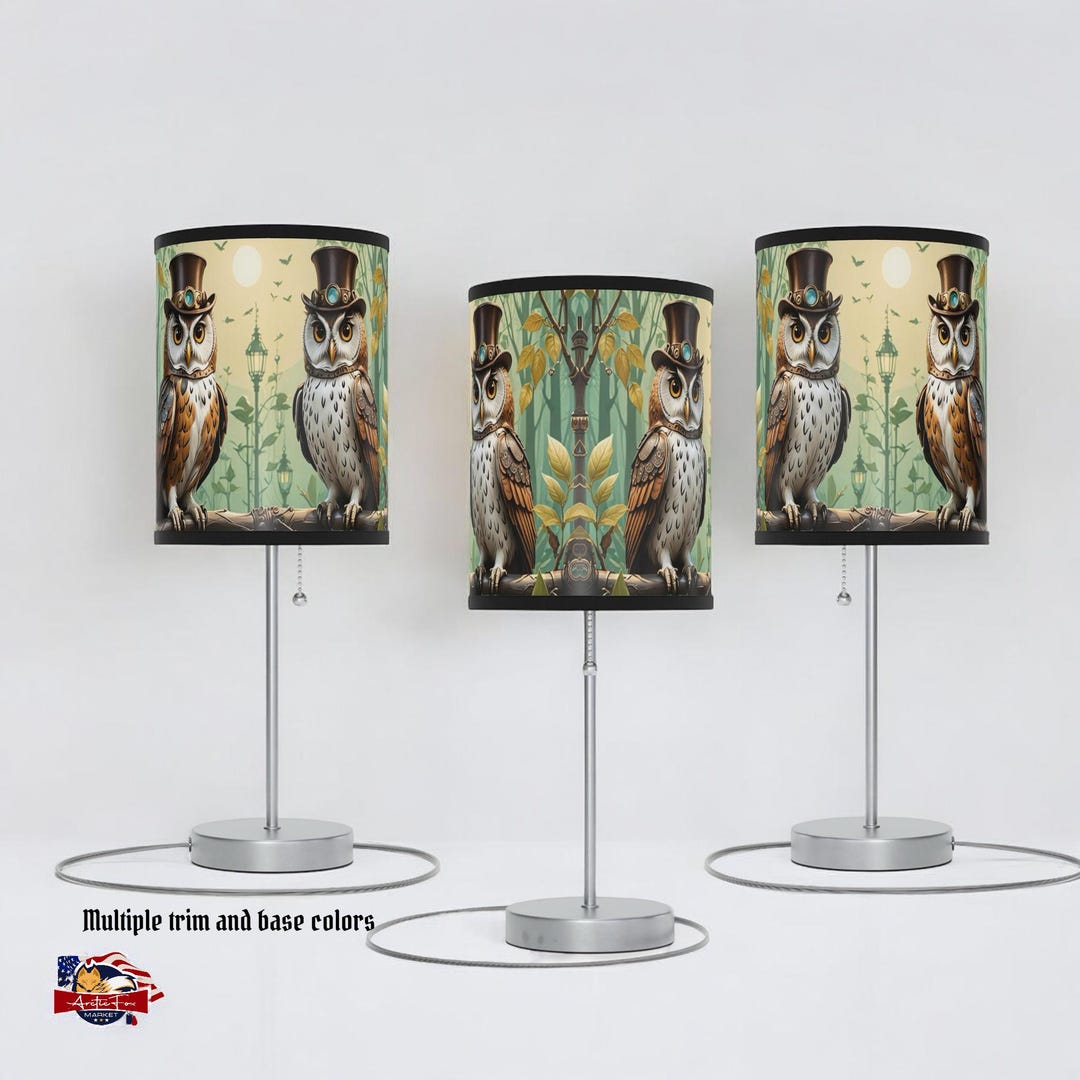 Steampunk Owls Table Lamp & Customizable Trim Gothic Home Decor Unique ...