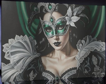 Enigmatic Elegance Masquerade Mask Oil Painting Wall Art  Black White & Green Wall Art  Masquerade Emerald Vintage Style Wall Art
