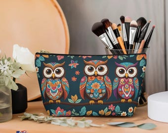 Boho Owl TBottom Pouch  Bohemian Cosmetic Travel Bag Durable Makeup Organizer Hippy Style Toiletry Case Unique Owl Lover Gift Ideas