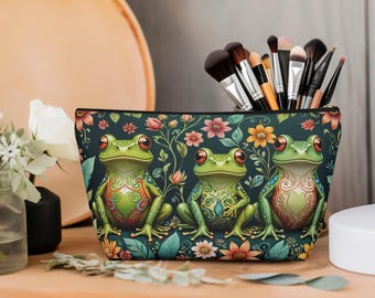Tropical Frog Paisley Cosmetic Bag  Durable Polyester Travel Toiletries Pouch Colorful Floral & Amphibian Design Everyday Makeup Case