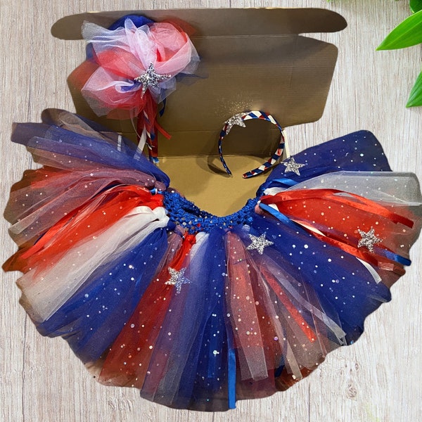 Patriotic Celebration Tutu Set - Red, White and Blue Tutu Set with Matching Headband & Wand - 4th of July Tutu - 2T - 5T Tutu Dress up Set.