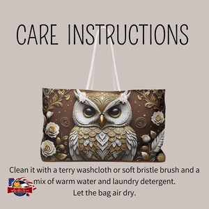 Artistic weekender tote with mirrored owl artwork, designed to keep essentials secure and organized in a fashionable way.
Sophisticated travel tote with cream rope handles and gold metal grommets, combining practicality with a luxurious feel