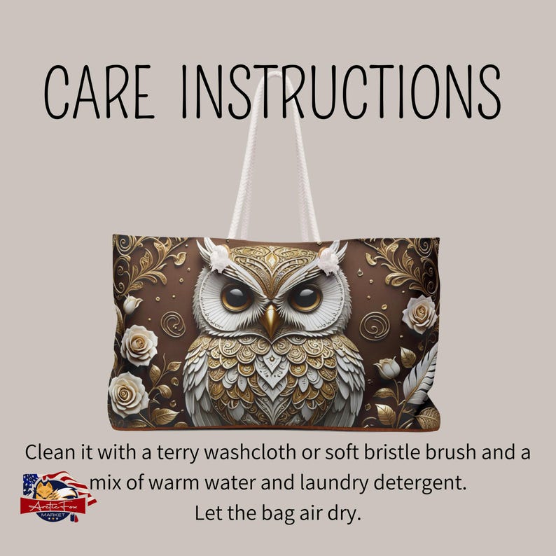 Artistic weekender tote with mirrored owl artwork, designed to keep essentials secure and organized in a fashionable way.
Sophisticated travel tote with cream rope handles and gold metal grommets, combining practicality with a luxurious feel