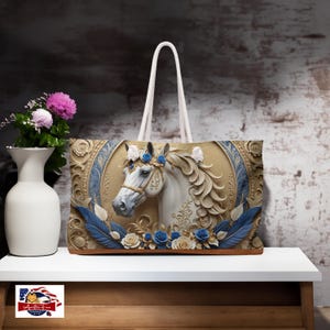 Trendy oversized weekender tote with elegant horse design, ideal for beach trips and stylish travel ideas.
Durable spun polyester travel tote featuring a unique horse and rose artwork, perfect for chic outing ideas