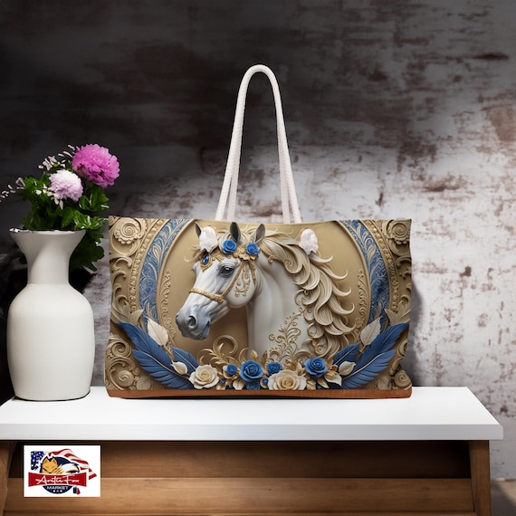 Oversized Weekender Tote with Rope Handles  White Horse Durable Spun Polyester Carry All Bag 24x13 Large Travel Tote Elegant Horse Design