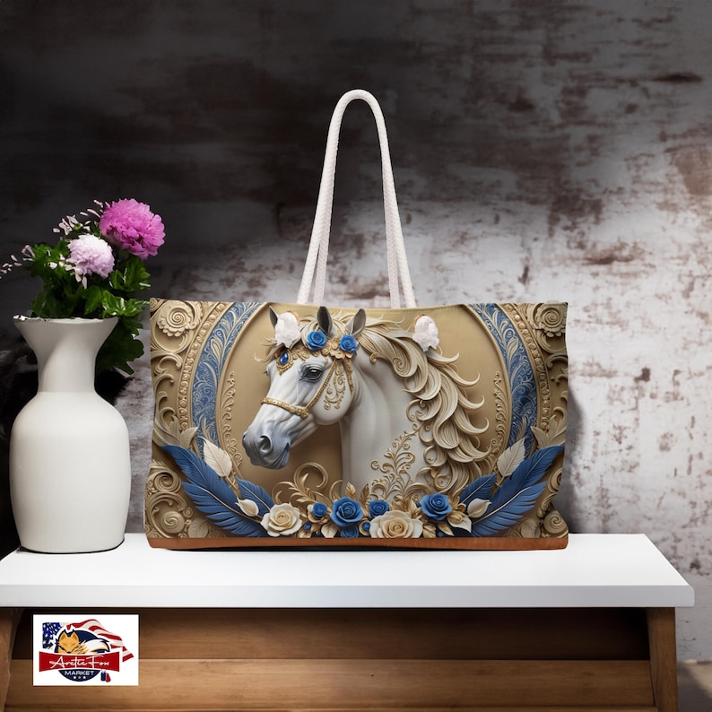 Trendy oversized weekender tote with elegant horse design, ideal for beach trips and stylish travel ideas.
Durable spun polyester travel tote featuring a unique horse and rose artwork, perfect for chic outing ideas