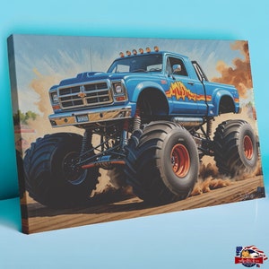 Trophy Blue Monster Truck Cartoon Style Wall Art  Vibrant Canvas Print Monster Truck  Monster Truck Rally Wall Art  Boys Room Truck Decor
