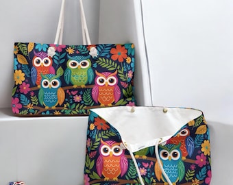Rainbow Owl Weekender Tote Travel Bag Sturdy Rope Handles Unique Gift for Owl Lovers Large Durable Large Beach Bag Carryall Colorful Birds
