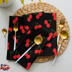 Cherry Cloth Napkins Set of 4 | Red Cherries on Black Background | Bold Kitchen Decor | Cherry Dining Room Decor | Cherry Kitchen Decor