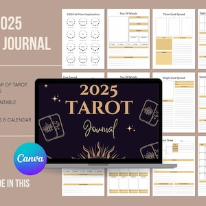 Diario de Tarot 2025 Descarga digital Calendario de fases lunares editable e imprimible Registros diarios, semanales y mensuales Seguimiento de lectura de cartas del tarot