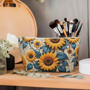 Versatile Sunflower Tbottom Pouch  Durable Polyester Cosmetic & Toiletry Bag  Small to Large Sizes  Handmade in USA  Travel Essential