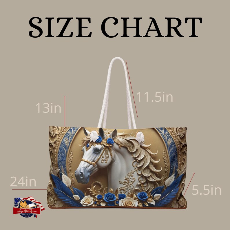 Luxurious oversized travel tote with cream rope handles and sapphire horse embellishment, a standout fashion piece.
Chic and functional weekender tote with elegant horse and feather frame design, perfect for trendy travel ideas.