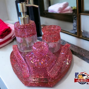Butterfly fairy or floral Bathroom décor vanity tray set includes soap dispenser toothbrush holder small jar & matching perfume tray set