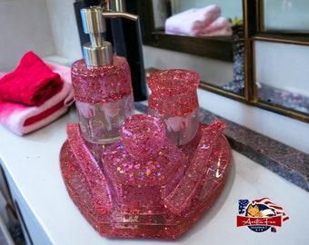 Butterfly fairy or floral Bathroom décor vanity tray set includes soap dispenser toothbrush holder small jar & matching perfume tray set