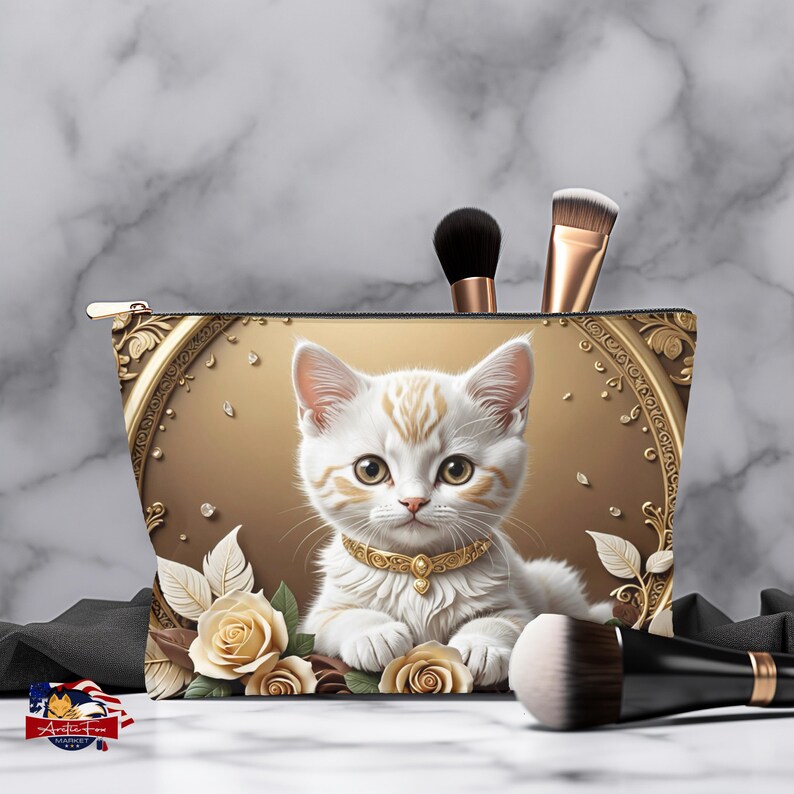 Chic polyester T-bottom pouch with kitten design, ideal for travel or everyday use, featuring luxurious gold chocolate background with vine swirls.
Durable large and small cosmetic bag set, made in the USA, perfect for stylishly organizing