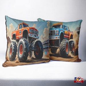 Roaring Monster Trucks DualSided Throw Pillows  Zipper Cover Insert or Stuffed and Sewn Options  Boys Bedroom Decor Monster Truck Fan