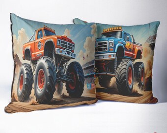 Roaring Monster Trucks DualSided Throw Pillows  Zipper Cover Insert or Stuffed and Sewn Options  Boys Bedroom Decor Monster Truck Fan