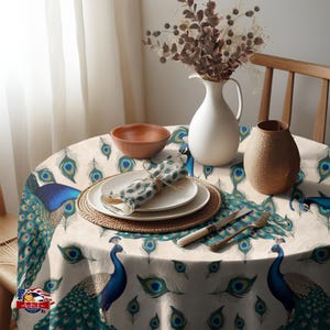 Vibrant Peacock Tablecloth  FullPrint Polyester Easy Care Multiple Sizes Available Perfect for Special Occasions Made in USA
