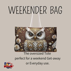 Spacious and stylish weekender tote, ideal for beach outings, picnics, or work, with a protective and watchful owl design.
High-quality weekender bag with gold and white feathered chest plate design on an owl. Arcticfoxmarket.com