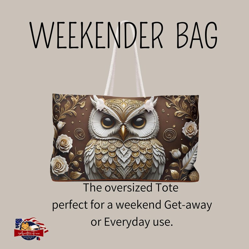 Spacious and stylish weekender tote, ideal for beach outings, picnics, or work, with a protective and watchful owl design.
High-quality weekender bag with gold and white feathered chest plate design on an owl. Arcticfoxmarket.com