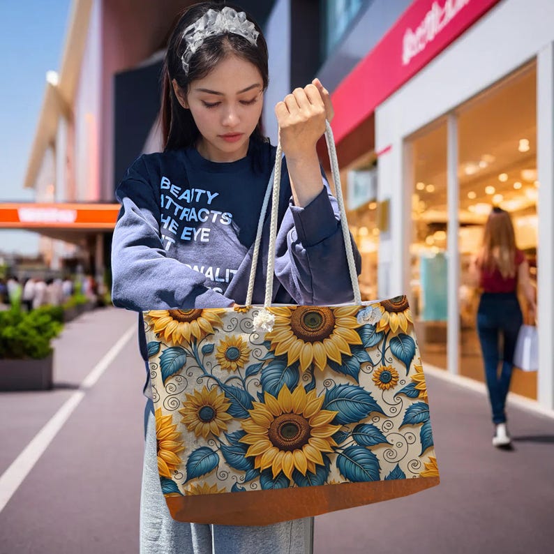 Sunflower Weekender Tote Cosmetic Bag Set Vibrant 3D Print Cream Beige