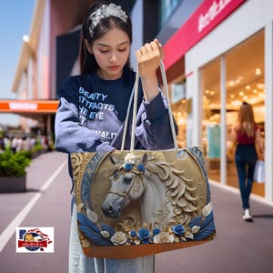 Stylish oversized beach bag with rope handles and horse artwork against a gold and blue background, trendy travel essentials.
Elegant oversized tote with cream rope handles and detailed horse design, a luxurious addition to any travel collection.