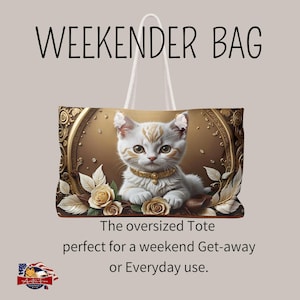 Durable and spacious 24x13 tote bag with cream rope handles and kitten motif, crafted in the USA for quality assurance.
Chic and functional weekender bag with a faux brown leather bottom, mirroring stylish 3D kitten