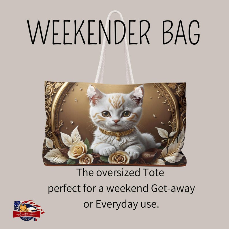 Durable and spacious 24x13 tote bag with cream rope handles and kitten motif, crafted in the USA for quality assurance.
Chic and functional weekender bag with a faux brown leather bottom, mirroring stylish 3D kitten