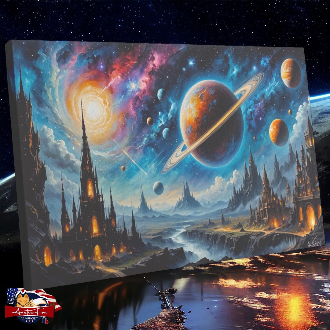 Galaxy Sky Oil Painting Vibrant Cosmos Cityscape Wall Art